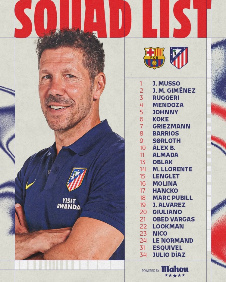 2026世界杯投注-马竞客战巴萨名单：阿尔瓦雷斯、格列兹曼、卢克曼、阿尔马达在列